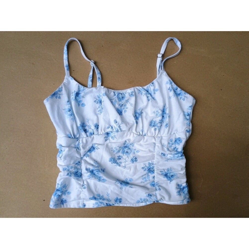 Hollister White Crop Floral White Blue Spaghetti Tank Small Top